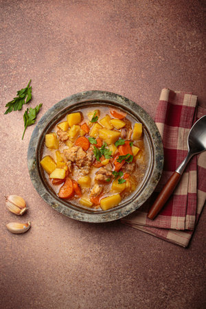 Chicken stew or soup with potatoes and carrots served in rustic bowl with spoon top view on dark brown concrete backgroundの写真素材