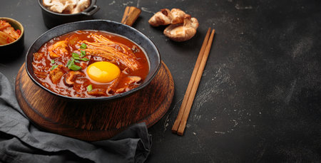 Traditional Korean kimchi jjigae hot soup or stew with egg yolk in black rustic bowl on dark background top view, space for textの写真素材