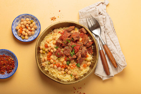Moroccan couscous with tender meat and chickpea stew in rustic bow top view, Maghreb cuisineの写真素材