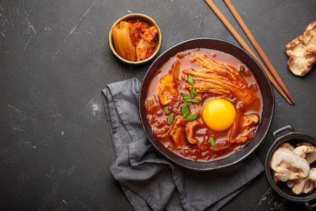Traditional Korean kimchi jjigae hot soup or stew with egg yolk in black rustic bowl on dark background top view, space for textの写真素材
