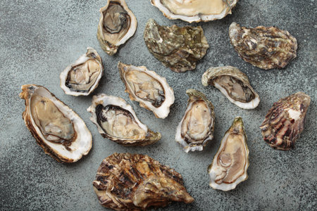 Fresh opened oysters scattered on dark gray surface top viewの写真素材