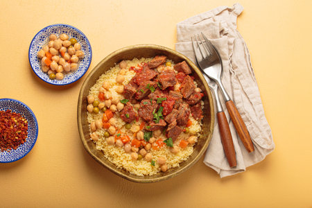 Moroccan couscous with tender meat and chickpea stew in rustic bow top view, Maghreb cuisineの写真素材