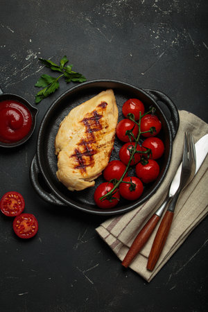 Grilled chicken breast fillet with cherry tomatoes in cast iron pan and tomato sauce top view on rustic black background.の写真素材