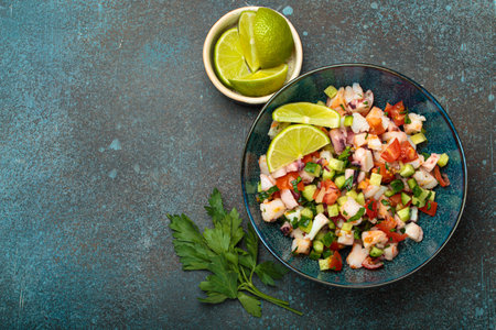 Peruvian seafood ceviche with shrimps, octopus, tomatoes, cucumber, and parsley in a bowl served with lime top view, space for textの写真素材