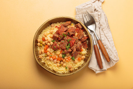 Moroccan couscous with tender meat and chickpea stew in rustic bow top view, Maghreb cuisineの写真素材