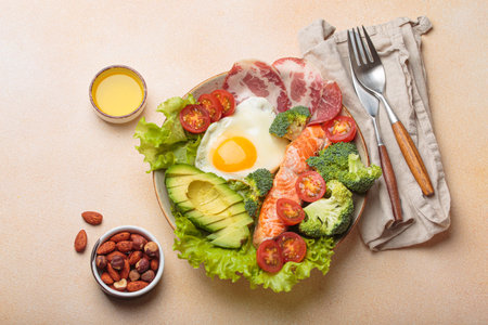 Balanced ketogenic diet meal with salmon, avocado, egg, bacon and vegetables on plate with cutlery top view on beige backgroundの写真素材