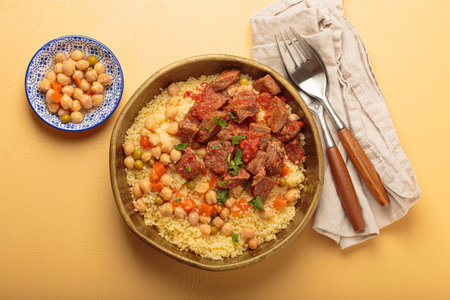 Moroccan couscous with tender meat and chickpea stew in rustic bow top view, Maghreb cuisineの写真素材
