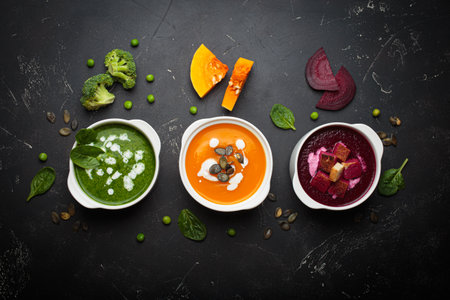 Three bowls with colourful vegetable soups black background healthy diet cooking detoxの写真素材