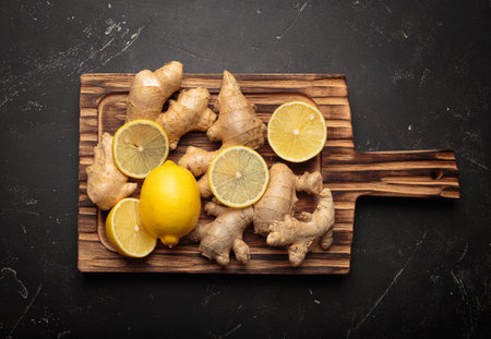 Fresh ginger roots lemon slices wooden cutting board remedy immunity light backgroundの写真素材