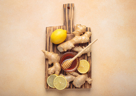 Ginger roots lemon honey dipper wooden cutting board natural cold remedy immunity flu medicine