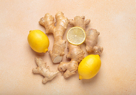Ginger roots fresh lemons light background healthy remedy medicine immunityの写真素材