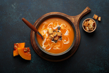 Pumpkin soup croutons cream fresh pumpkin slices wooden board dark background autumn winterの写真素材