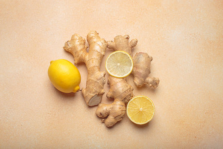 Ginger roots fresh lemons light background healthy remedy medicine immunity