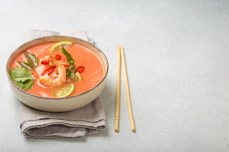 Traditional Thai soup tom yum soup with shrimp, lime, and herbs in bowl with chopsticks on light...
