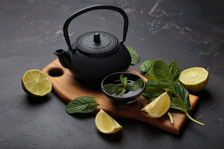 Black cast iron teapot refreshing mint lime herbal tea fresh relax healthy detoxの写真素材
