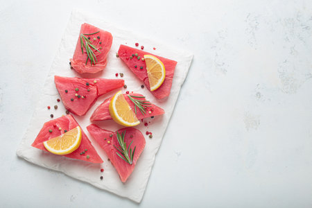 Raw tuna fish steaks fillet rosemary lemon white background healthy cookingの写真素材