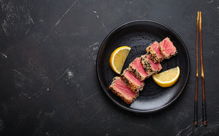 Seared grilled tuna steak tataki slices sesame seeds lemon black plate healthy delicacy space for textの写真素材