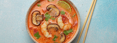 Tom yum soup with shrimp and mushrooms in bowl with chopsticks top view, traditional Thai soup