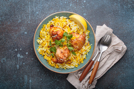 Traditional Indian dish chicken biryani with cilantro and lemon in a bowl top view on rustic backgroundの写真素材