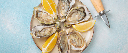 Fresh oysters with lemon wedges and oyster knife on plate top view