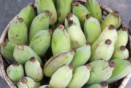 group of green bananas in the basketの写真素材