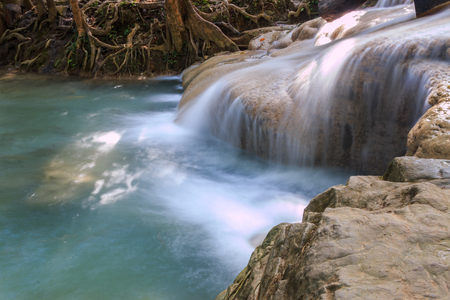 second level of Erawan Waterfall in Erawan national park in Kanchanaburi, Thailand : one of the most famous place for holidays and relaxingの写真素材