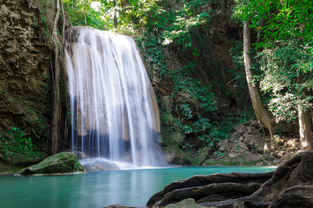 third level of Erawan Waterfall in Erawan national park in Kanchanaburi, Thailand : one of the most famous place for holidays and relaxingの写真素材