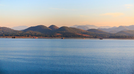 scenery of lake and mountain in  the morning at Srinagarind dam, Kanchanaburi ,Thailandの写真素材