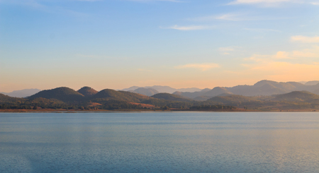 scenery of lake and mountain in  the morning at Srinagarind dam, Kanchanaburi ,Thailandの写真素材