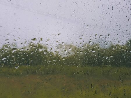 rain droplet on car window on green grass backgroundの写真素材