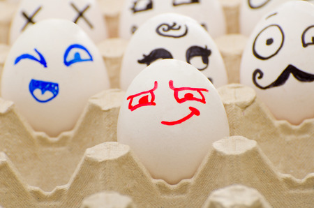 Painted eggs in tray, cunning, joyful, Hercule Poirot