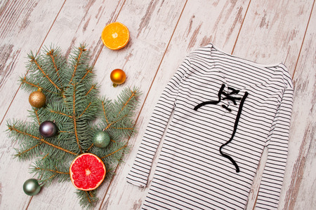 White with black stripe sweater on a wooden background. Citrus, spruce branch. Fashionable concept, top viewの写真素材