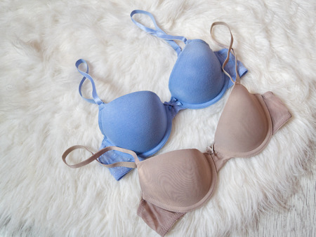 Fashionable concept. Two bodices of blue and beige on white furの写真素材