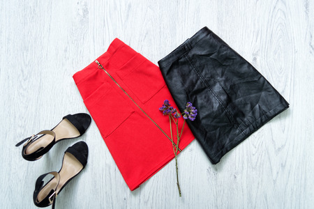 Red and black skirt, black shoes. Fashionable conceptの写真素材