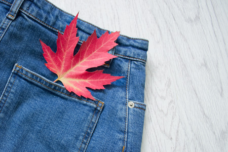 Back pocket of jeans. Red maple leaf. Fashionable conceptの写真素材