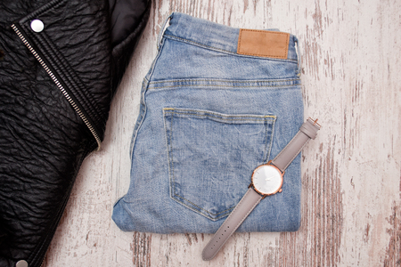 Blue jeans and watches. Fashionable concept, top viewの写真素材