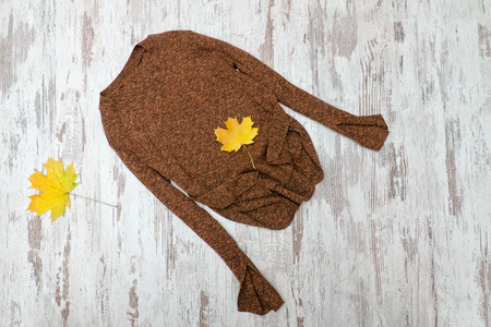 Brown sweater and maple leaves. Fashionable concept.の写真素材