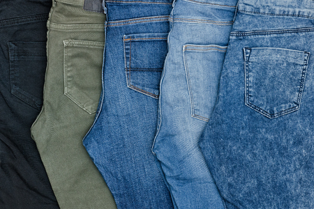 Five blue jeans. Assortment. Close up. Fashionable conceptの写真素材