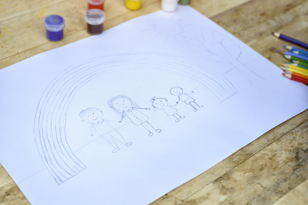 Children's sketch in pencil. Family and rainbow