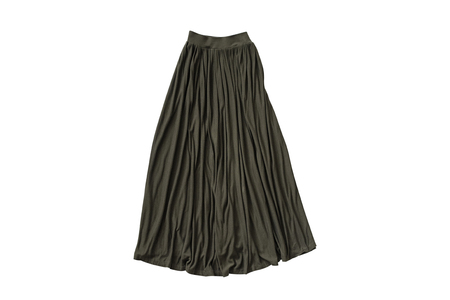 Long khaki skirt flat lay. Fashion concept. Isolate on white background.の写真素材