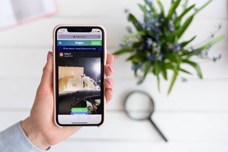 KHARKIV, UKRAINE - April 10, 2019: Woman holds Apple iPhone X with imgur.com site on the screen.のeditorial素材