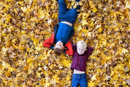 Two boys with eyes closed lie in yellow autumn leaves. Top view. Autumn conceptの写真素材