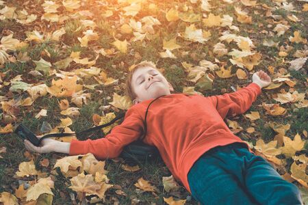 Happy boy resting in a park lying on his back. Lawn with autumn foliage. Sunny dayの写真素材
