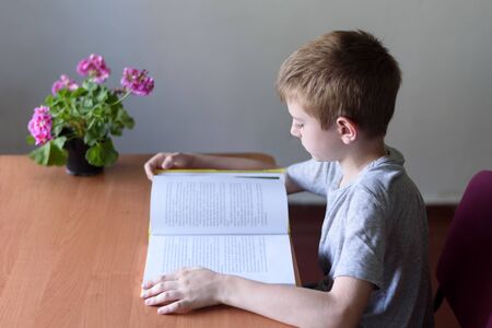 Schoolboy reading a book with interest. Home interior