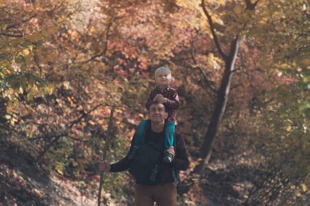 Father with son on his shoulders walking in the autumn forest. Back viewの写真素材