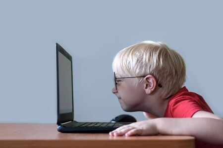 Blond boy with glasses sits his nose buried in a laptop. Internet and preschoolerの写真素材