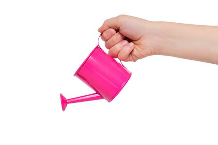 Small pink watering can in a children's hand isolated on white background.の写真素材