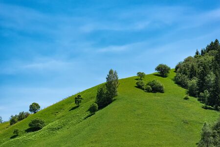 Green hill on blue sky background. Ecotourism recreation, countryside.