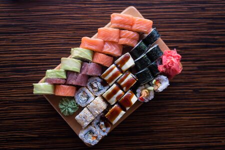 Variety of maki and rolls. Japanese cuisine rolls. Asian food. Sushi Set.の写真素材