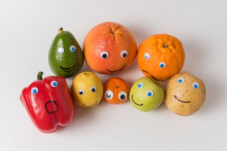 Vegetables and fruits characters with Googly eyes and funny faces. Proper nutrition concept.の写真素材